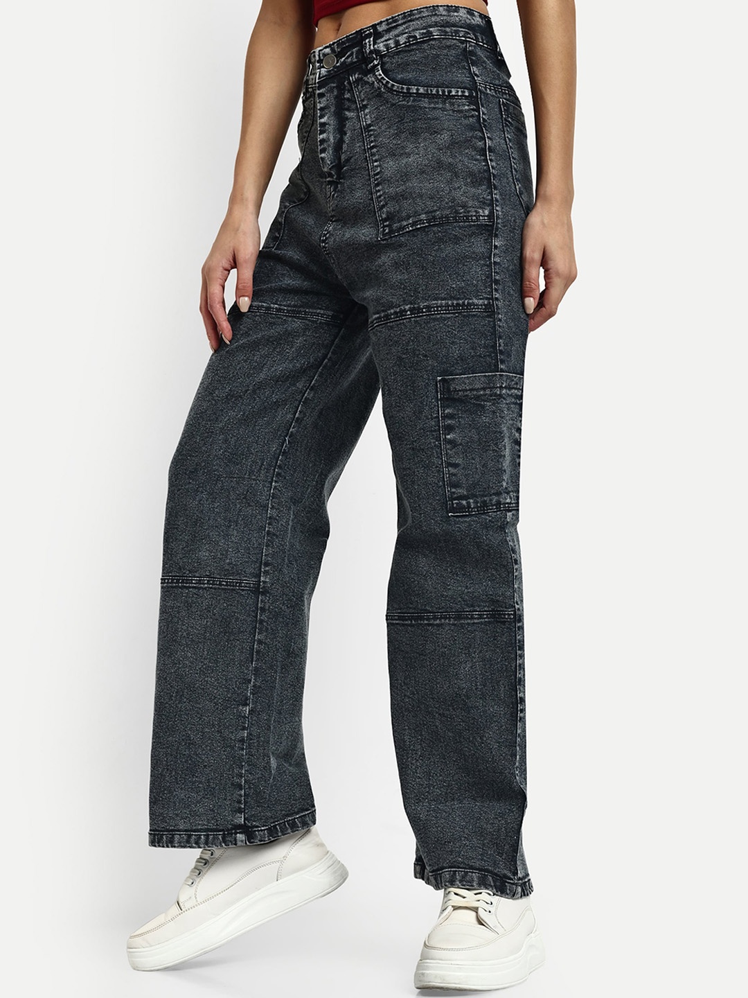

Next One Women Smart Wide Leg High-Rise Cotton Cargo Jeans, Black