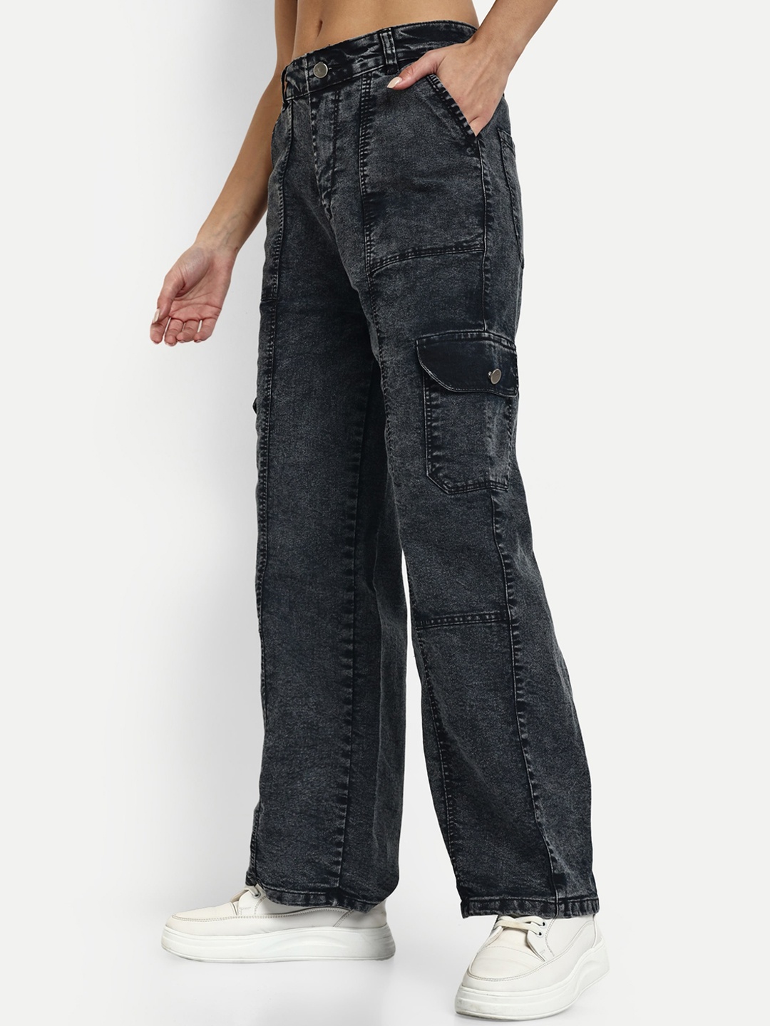 

Next One Women Smart Wide Leg High-Rise Cotton Stretchable Jeans, Black