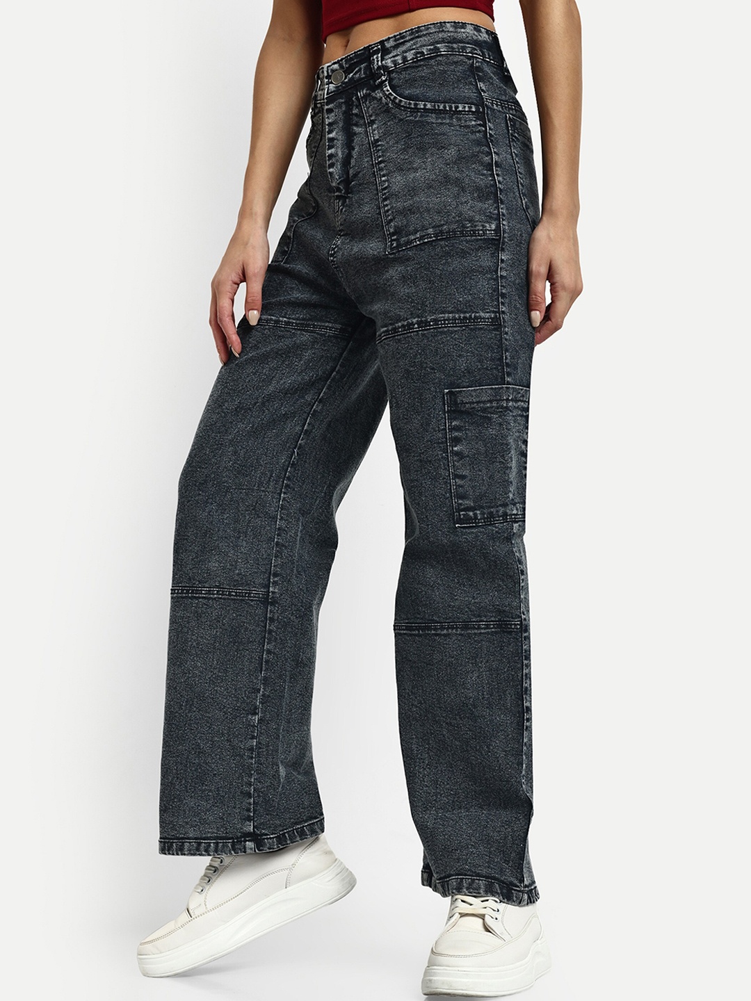 

Next One Women Smart Wide Leg Clean Look High-Rise Stretchable Cargo Jeans, Black
