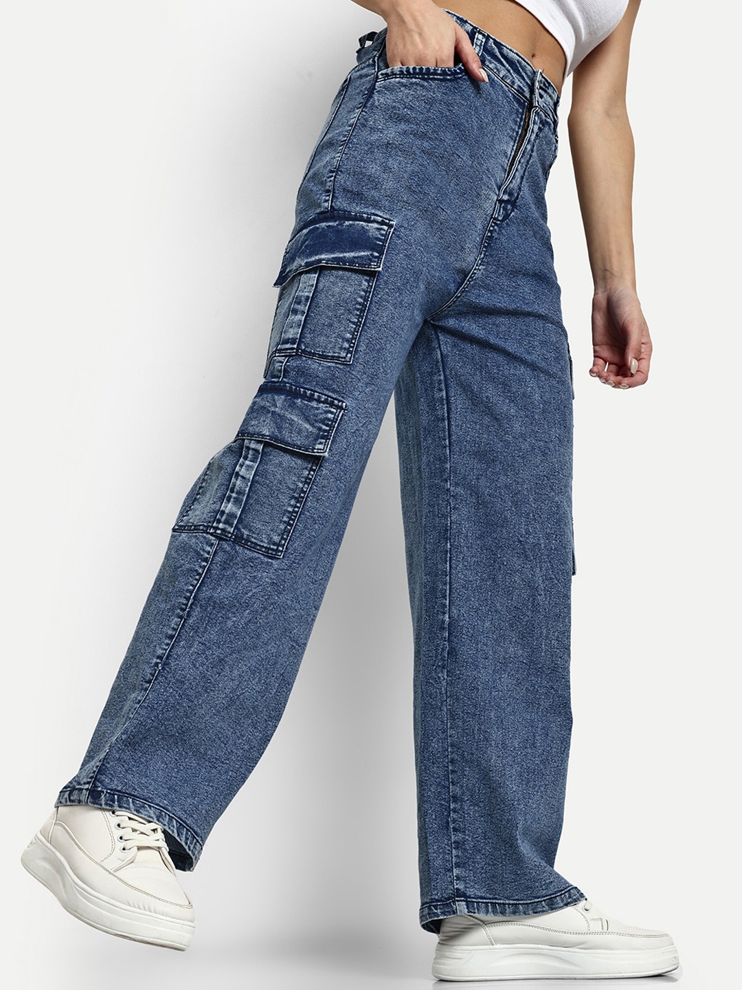 

Next One Women Smart Wide Leg High-Rise Cotton Cargo Jeans, Blue