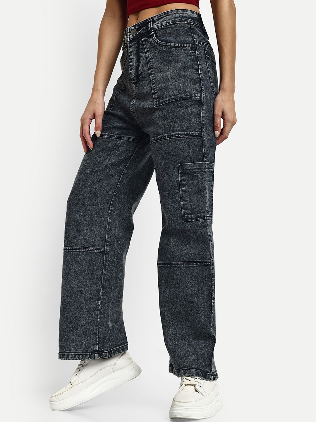 

Next One Women Smart Wide Leg High-Rise Stretchable Denim Cargo, Black