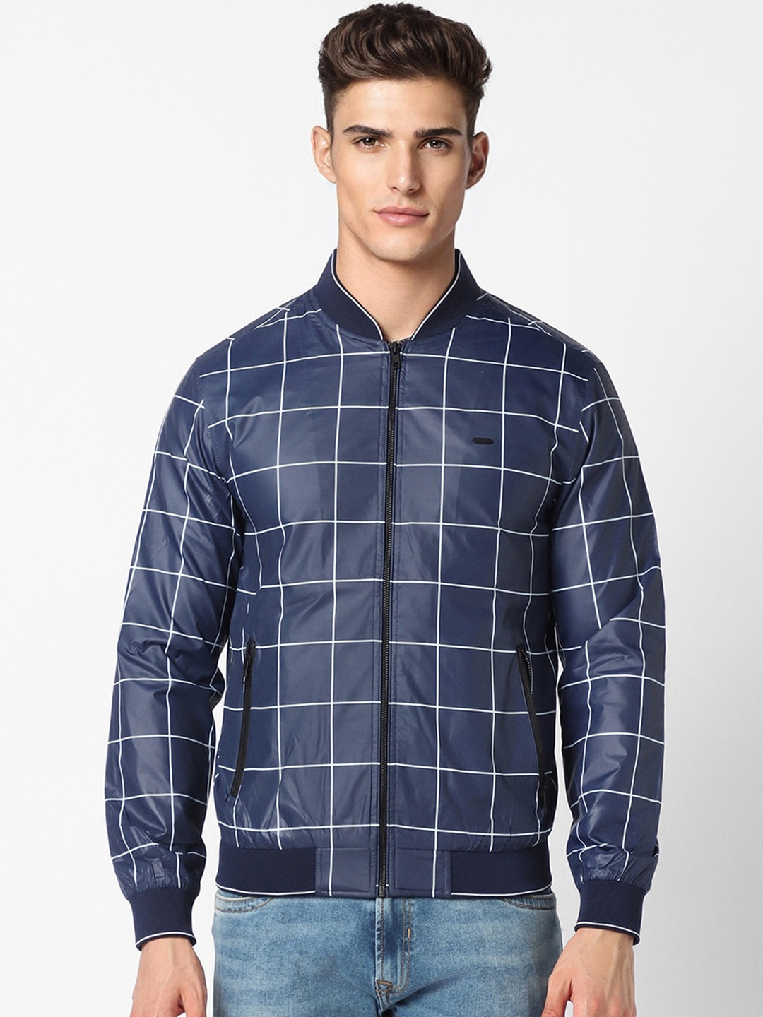 

Peter England Casuals Checked Open Front Bomber Jacket, Blue