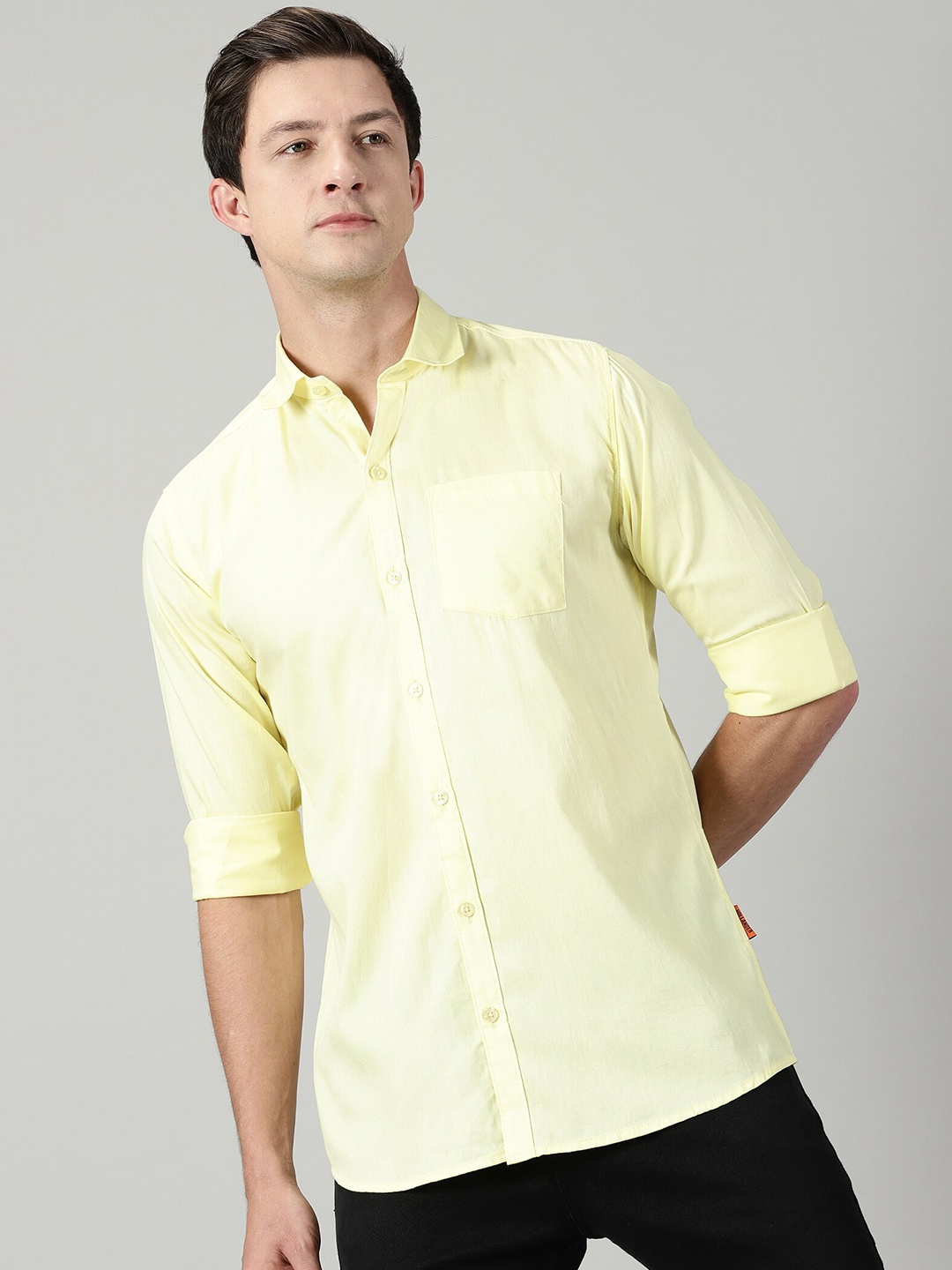 

THE HOLLANDER Standard Spread Collar Long Sleeves Cotton Casual Shirt, Yellow