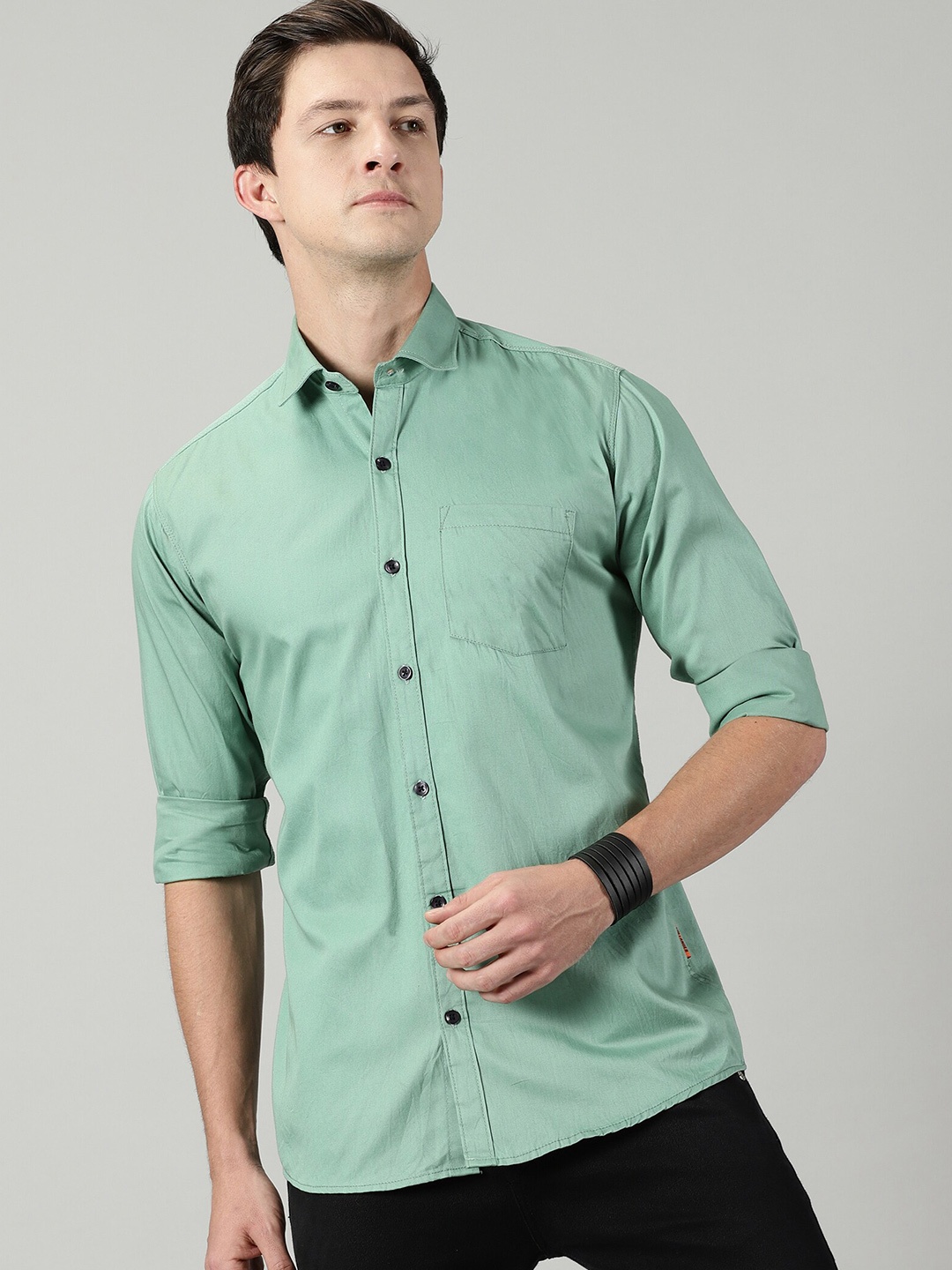 

THE HOLLANDER Standard Spread Collar Long Sleeves Cotton Casual Shirt, Green