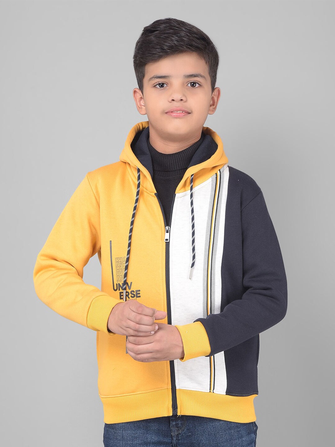 

Crimsoune Club Boys Colourblocked Hooded Front-Open Sweatshirt, Yellow