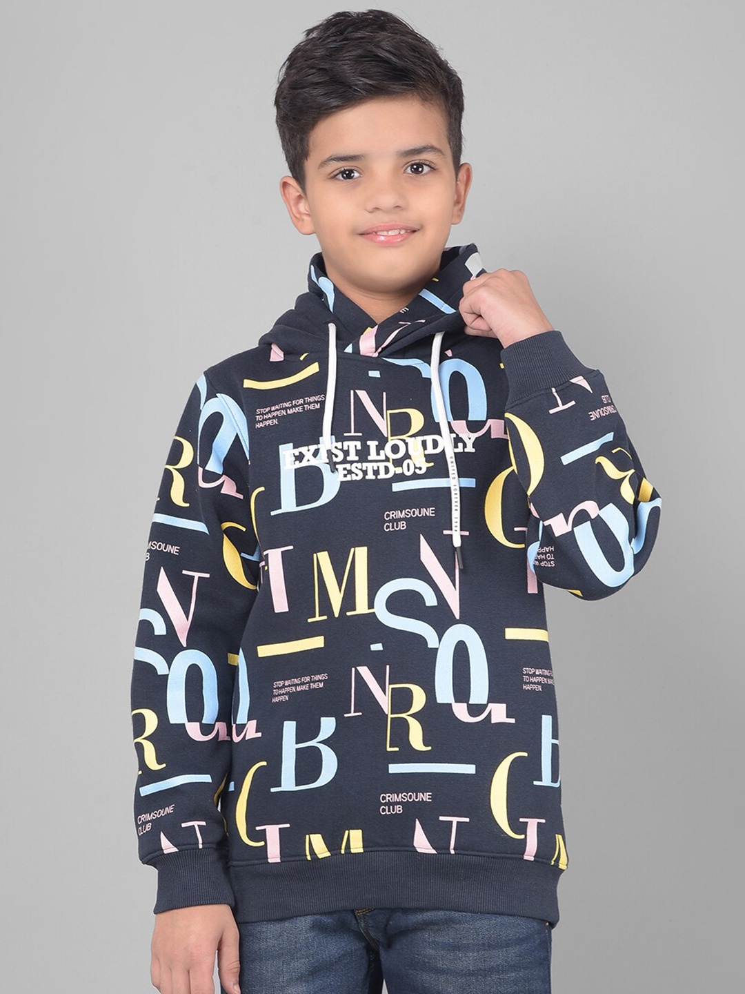 

Crimsoune Club Boys Typography Printed Hooded Cotton Sweatshirt, Grey