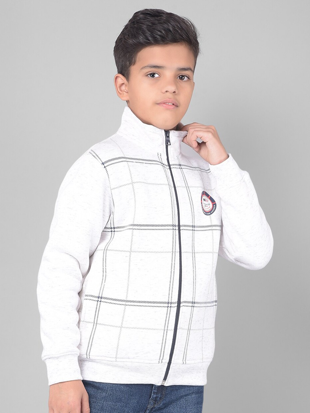 

Crimsoune Club Boys Checked Cotton Front Open Sweatshirt, White