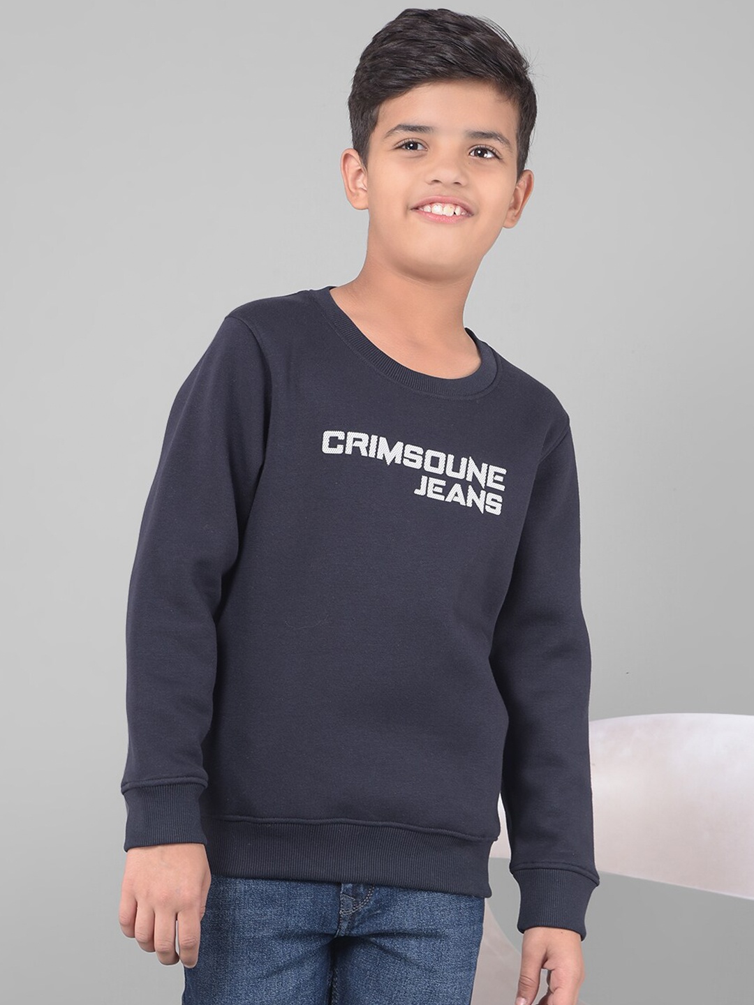 

Crimsoune Club Boys Typography Printed Round Neck Long Sleeves Pullover Sweatshirt, Navy blue