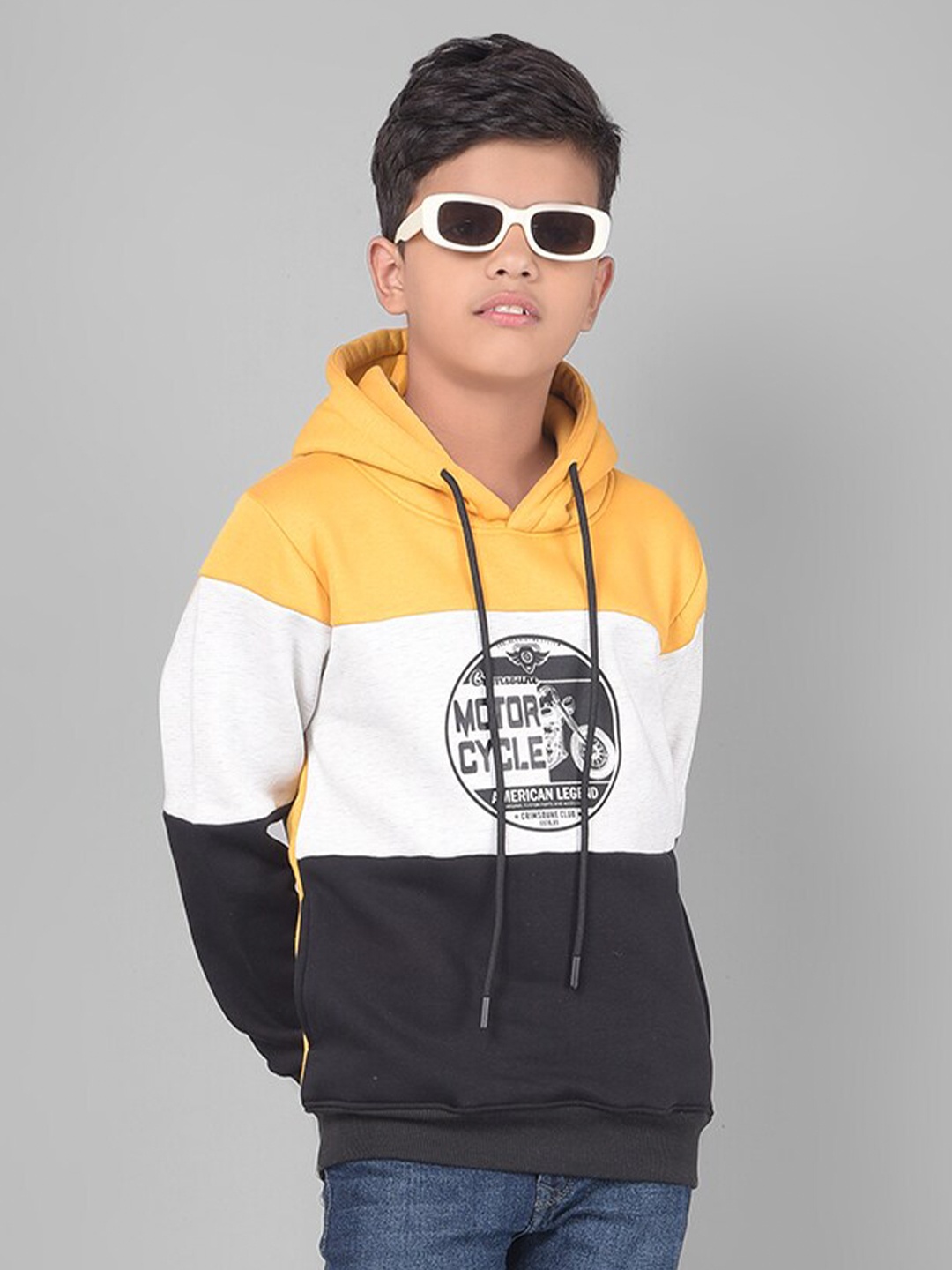 

Crimsoune Club Boys Colourblocked Hooded Long Sleeves Pullover Sweatshirt, Mustard