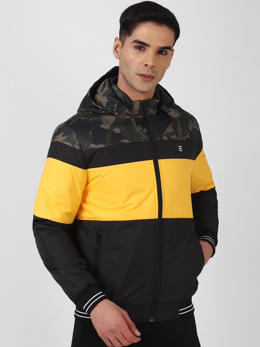 

Van Heusen Flex Colourblocked Hooded Padded Jacket, Black