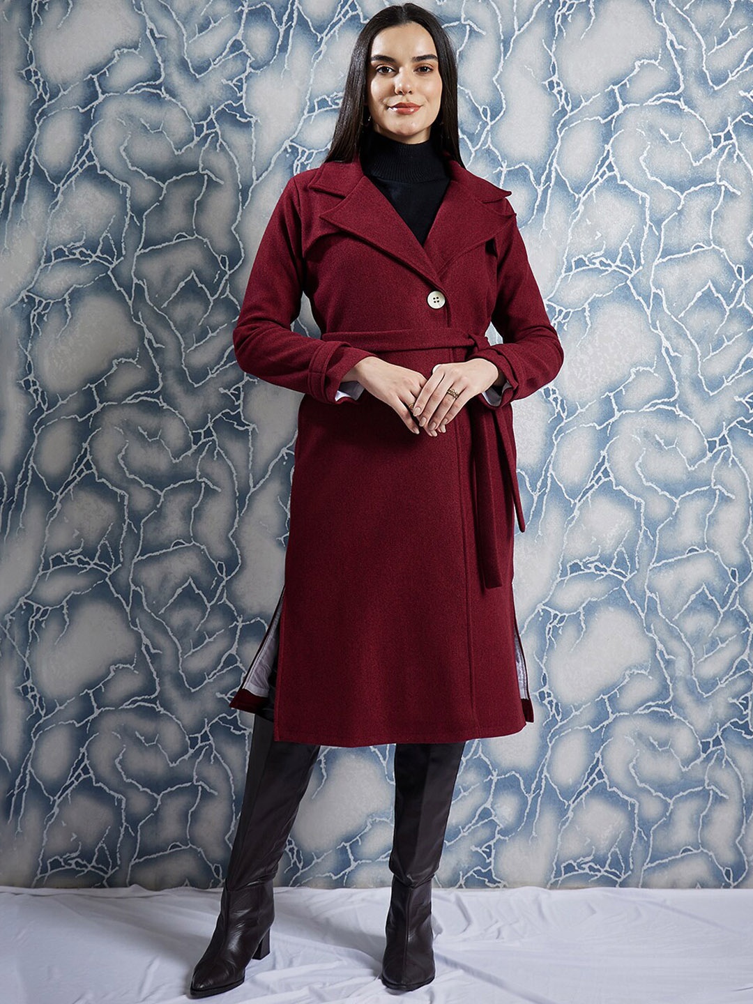 

Athena Maroon Notched Lapel Collar Woollen Single Breasted Trench Coat