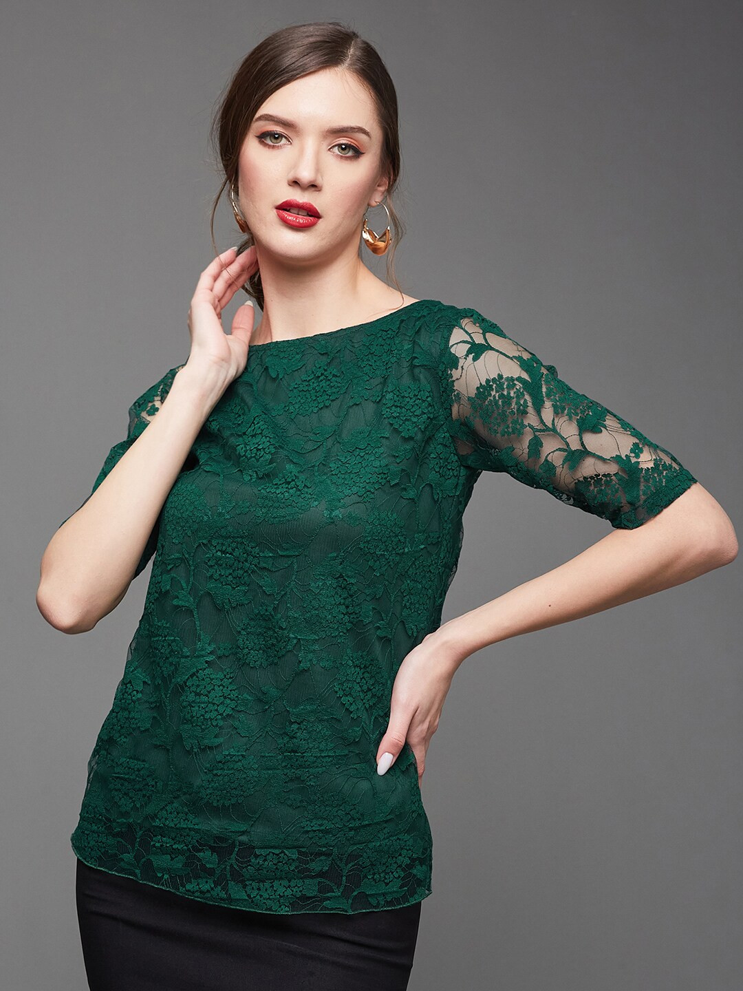 

Miss Chase Floral Lace Boat Neck Top, Green