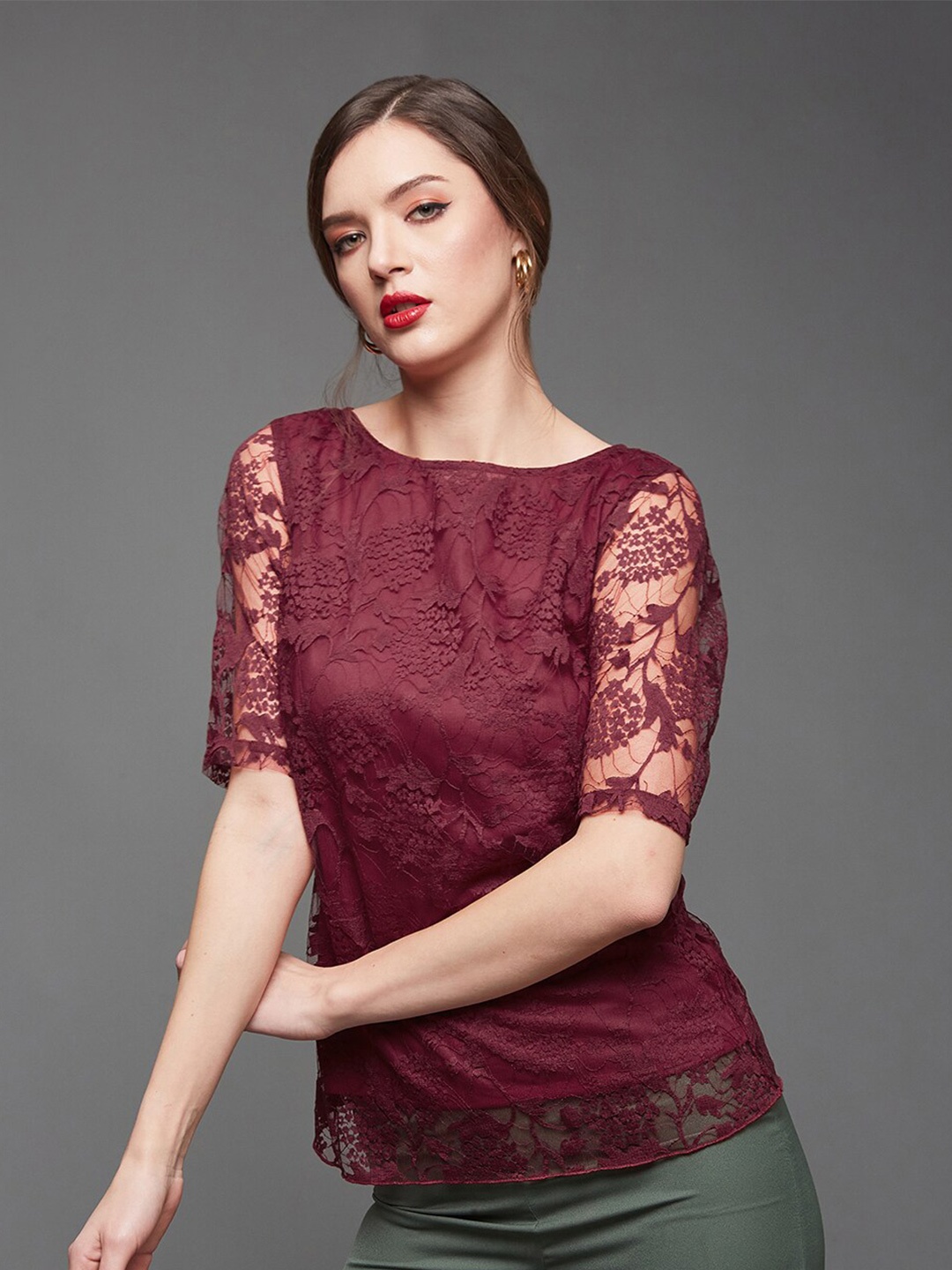 

Miss Chase Self Design Boat Neck Lace Regular Top, Maroon