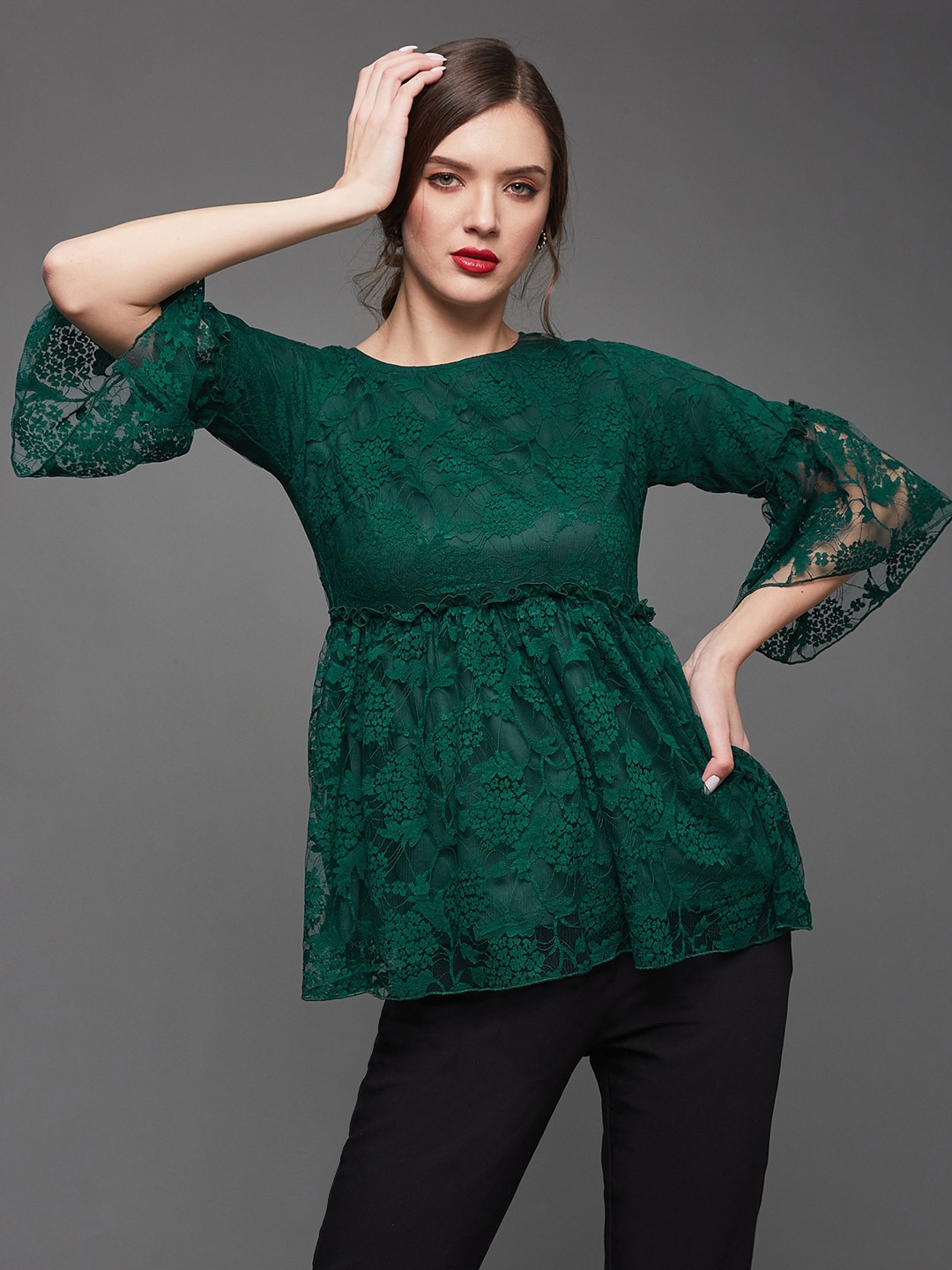 

Miss Chase Floral Lace Bell Sleeves Ruffles Detailed Empire Top, Green