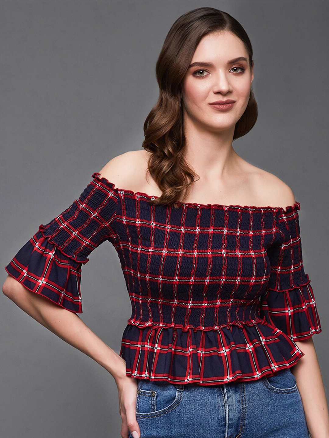 

Miss Chase Checked Off-Shoulder Bell Sleeves Bardot Top, Maroon