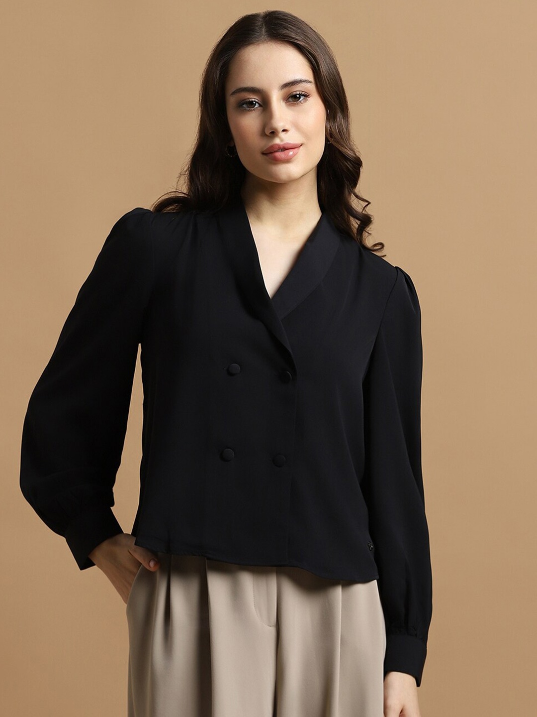 

Allen Solly Woman V-Neck Shirt Style Top, Black