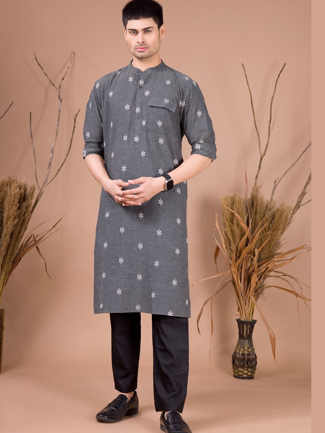 

SHIWAM ETHNIX Ethnic Motifs Printed Band Collar Straight Kurta with Pyjamas, Grey