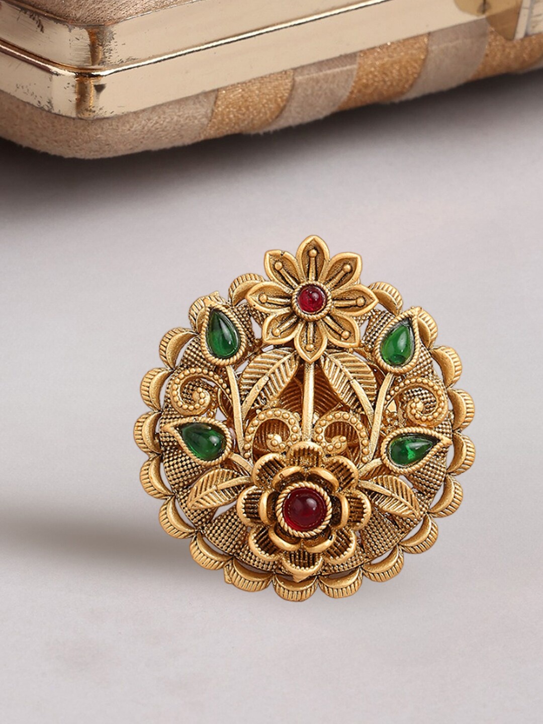 

OOMPH Stone-Studded Adjustable Finger Ring, Gold