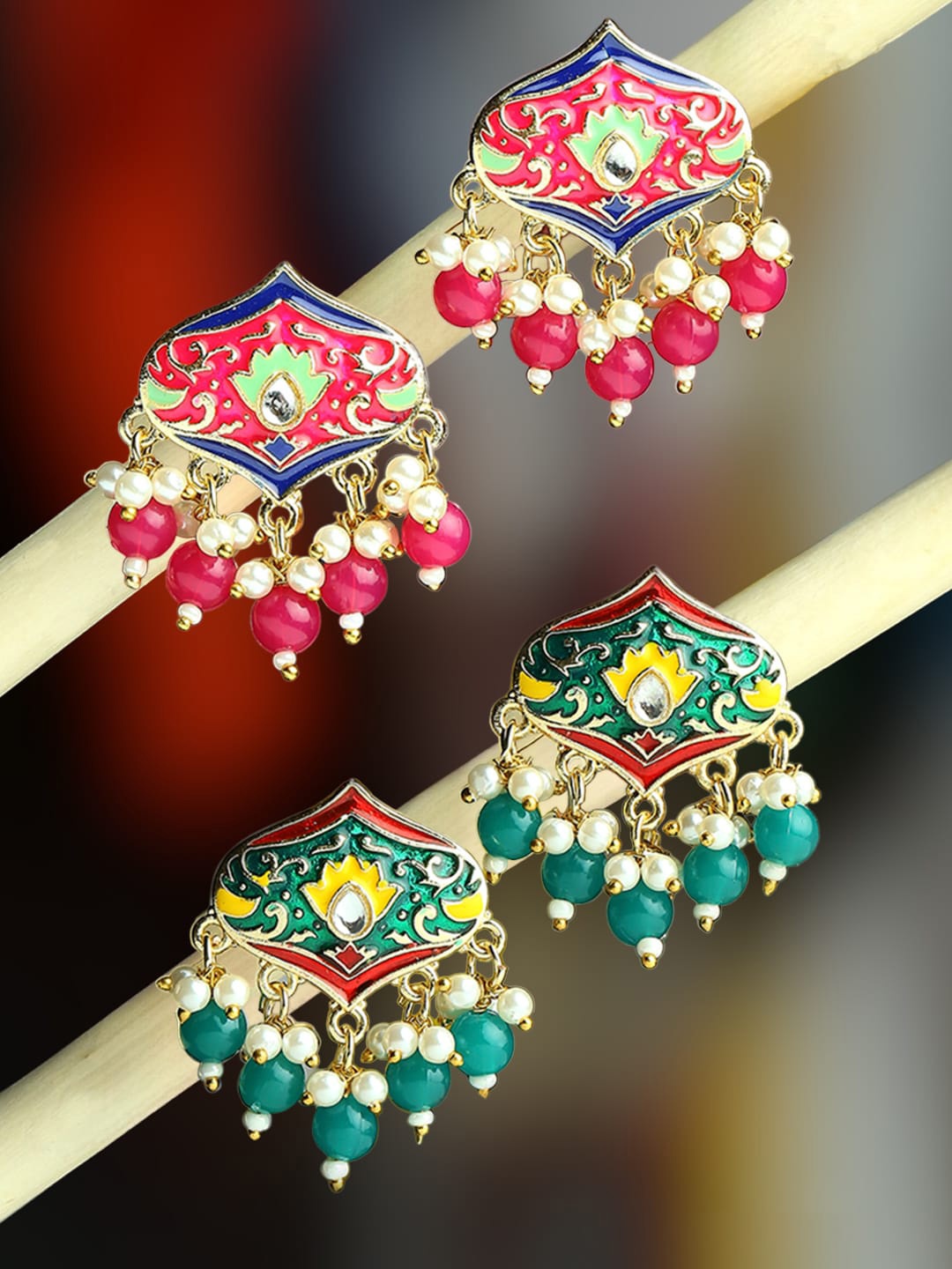 

OOMPH Set Of 2 Floral Meenakari Drop Earrings, Pink