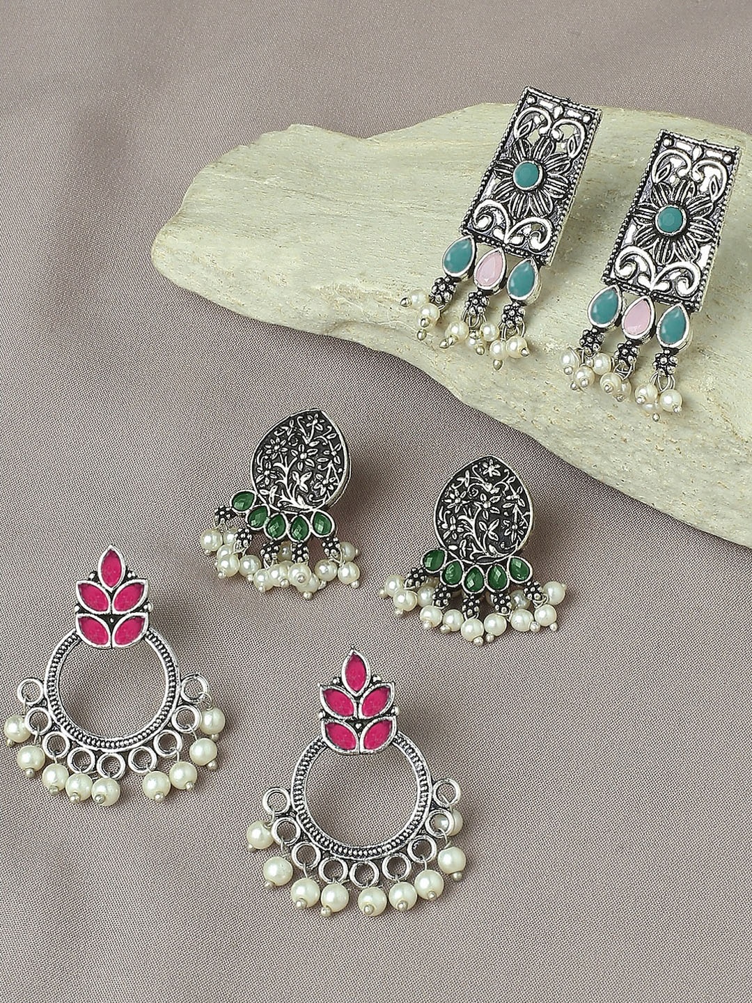 

OOMPH Set Of 3 Stones Studded & Beads Beaded Oxidised Floral Drop Earrings, Silver