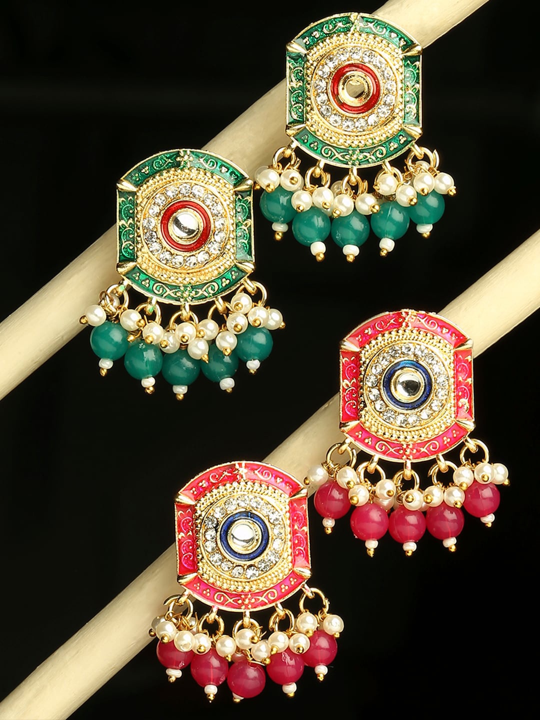 

OOMPH Set Of 2 Kundan Studded & Beads Beaded Meenakari Drop Earrings, Gold