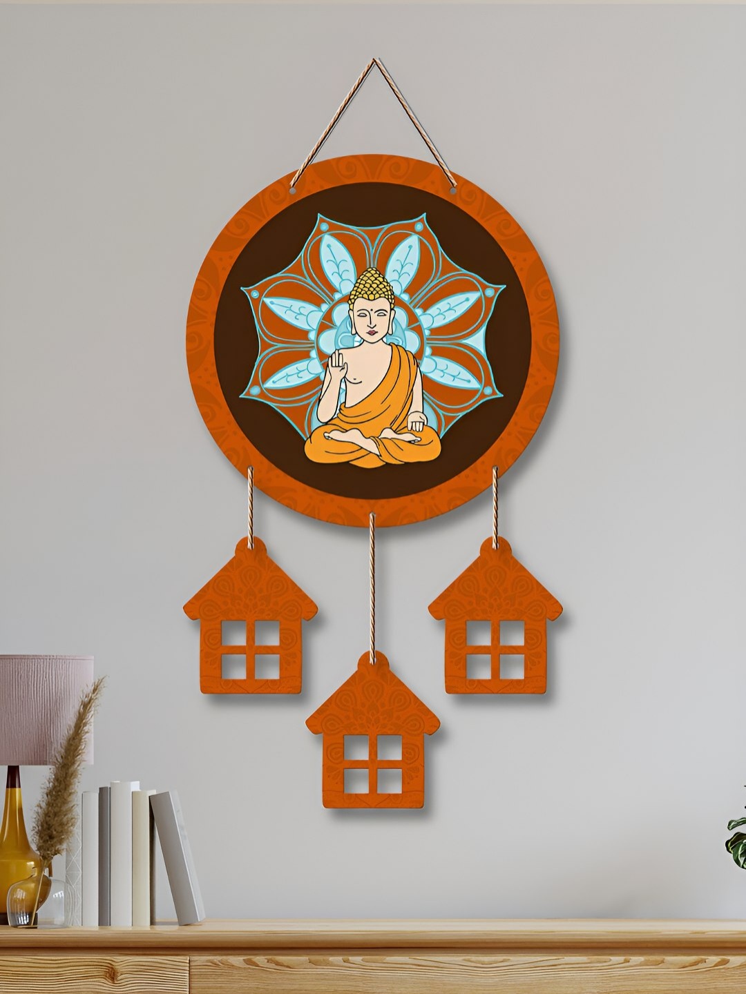ArtVibes Brown & Blue Lord Buddha Printed Wooden Wall Hanging
