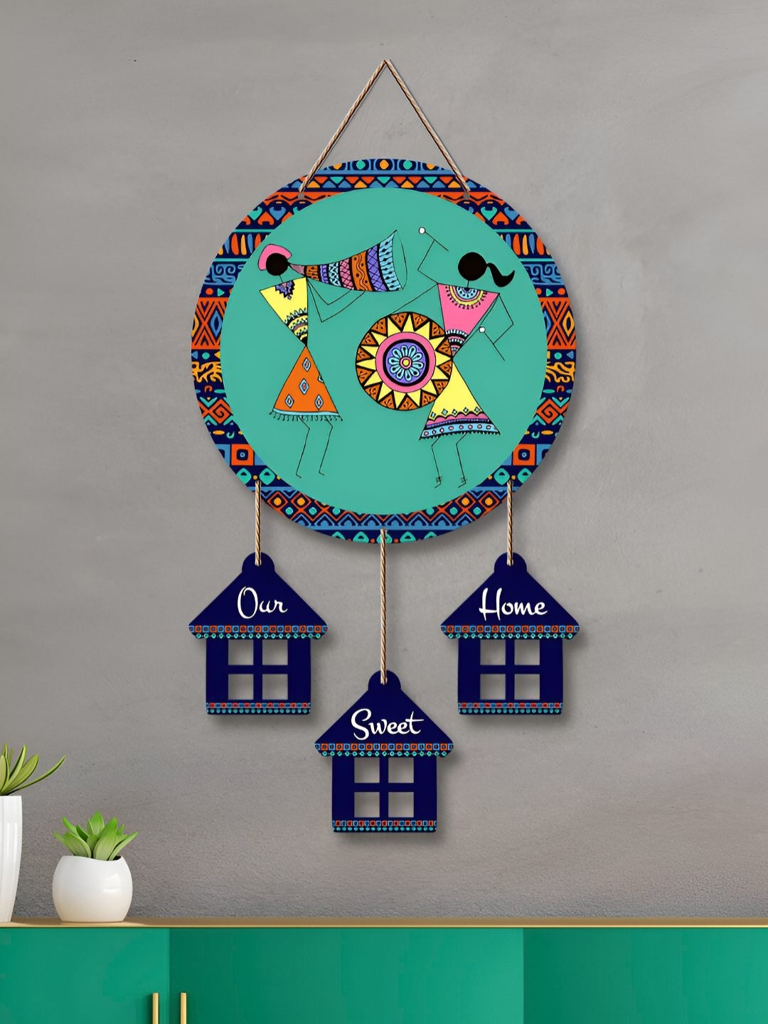 

ArtVibes Green & Blue Warli Art Wooden Wall Hanging