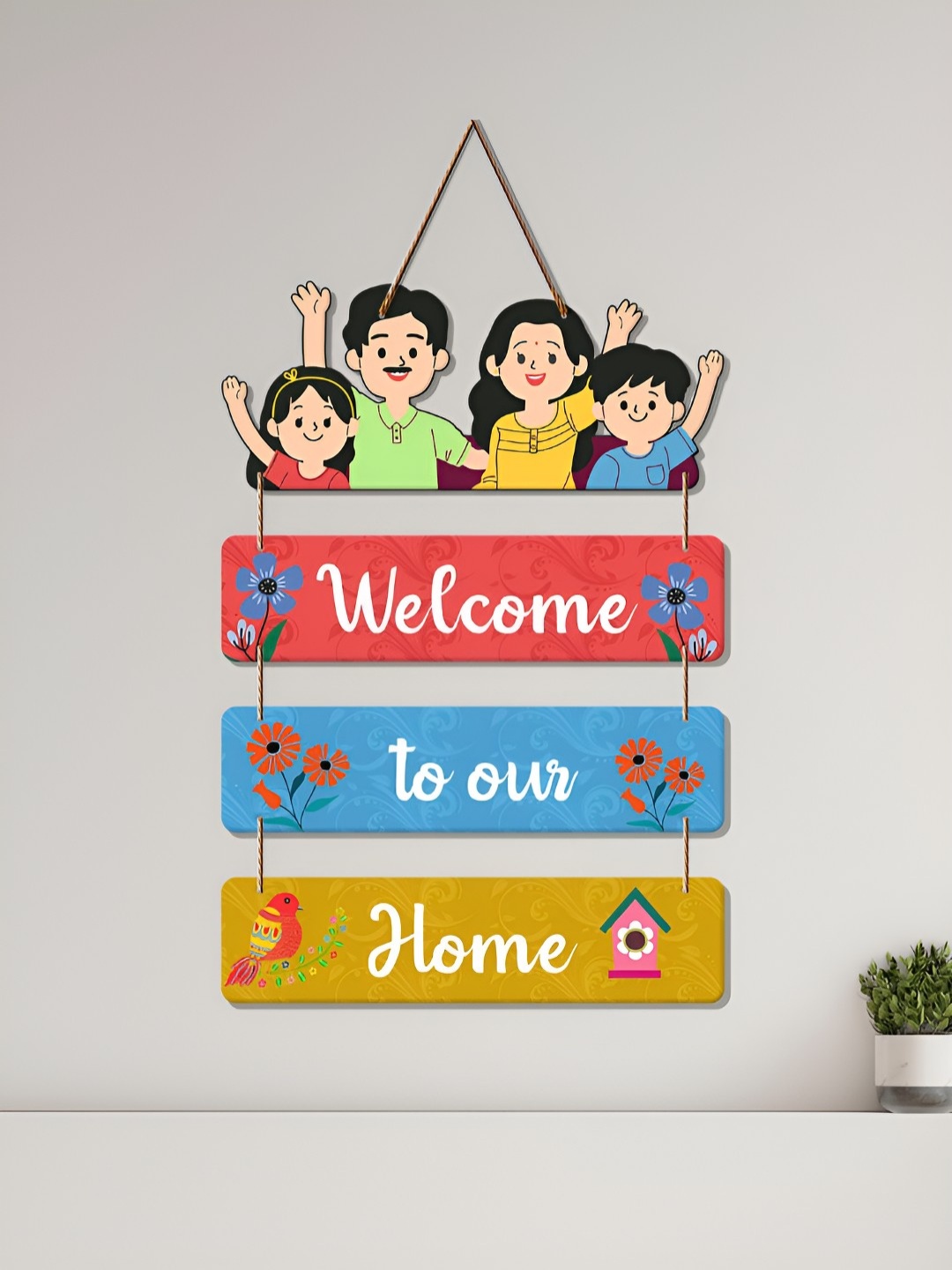 

ArtVibes Blue & Pink Welcome To Our Home Quote Wooden Printed Hanging Wall Decor