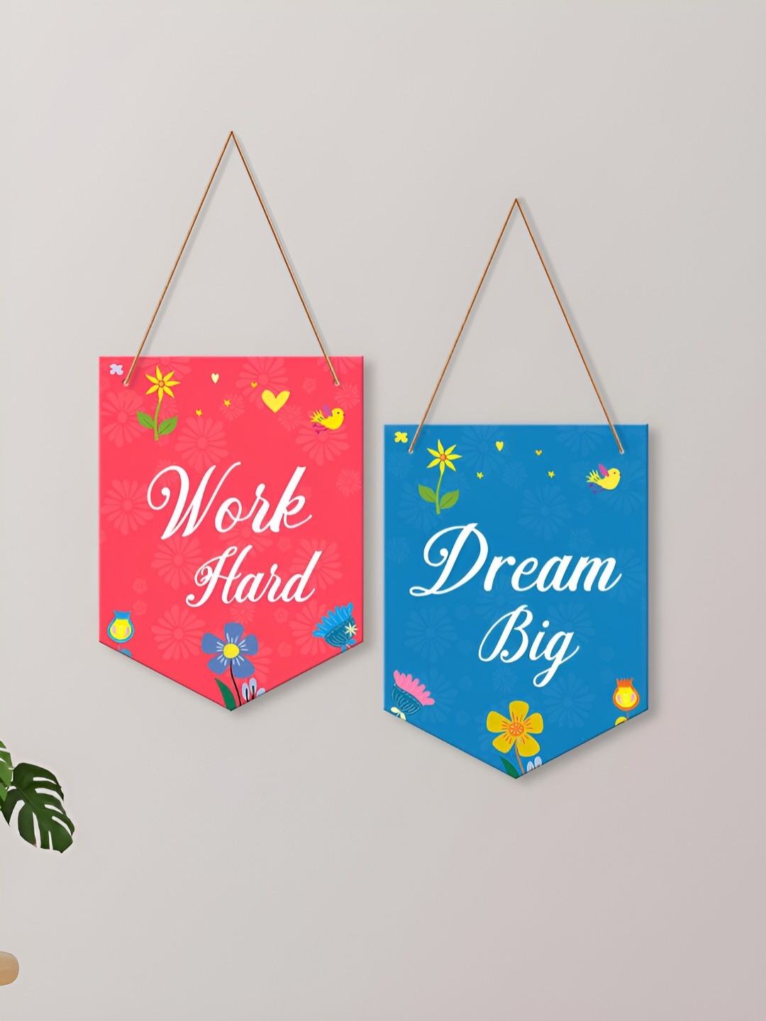 ArtVibes Red & Blue 2 Pieces Typography Printed Wooden Wall Hangings
