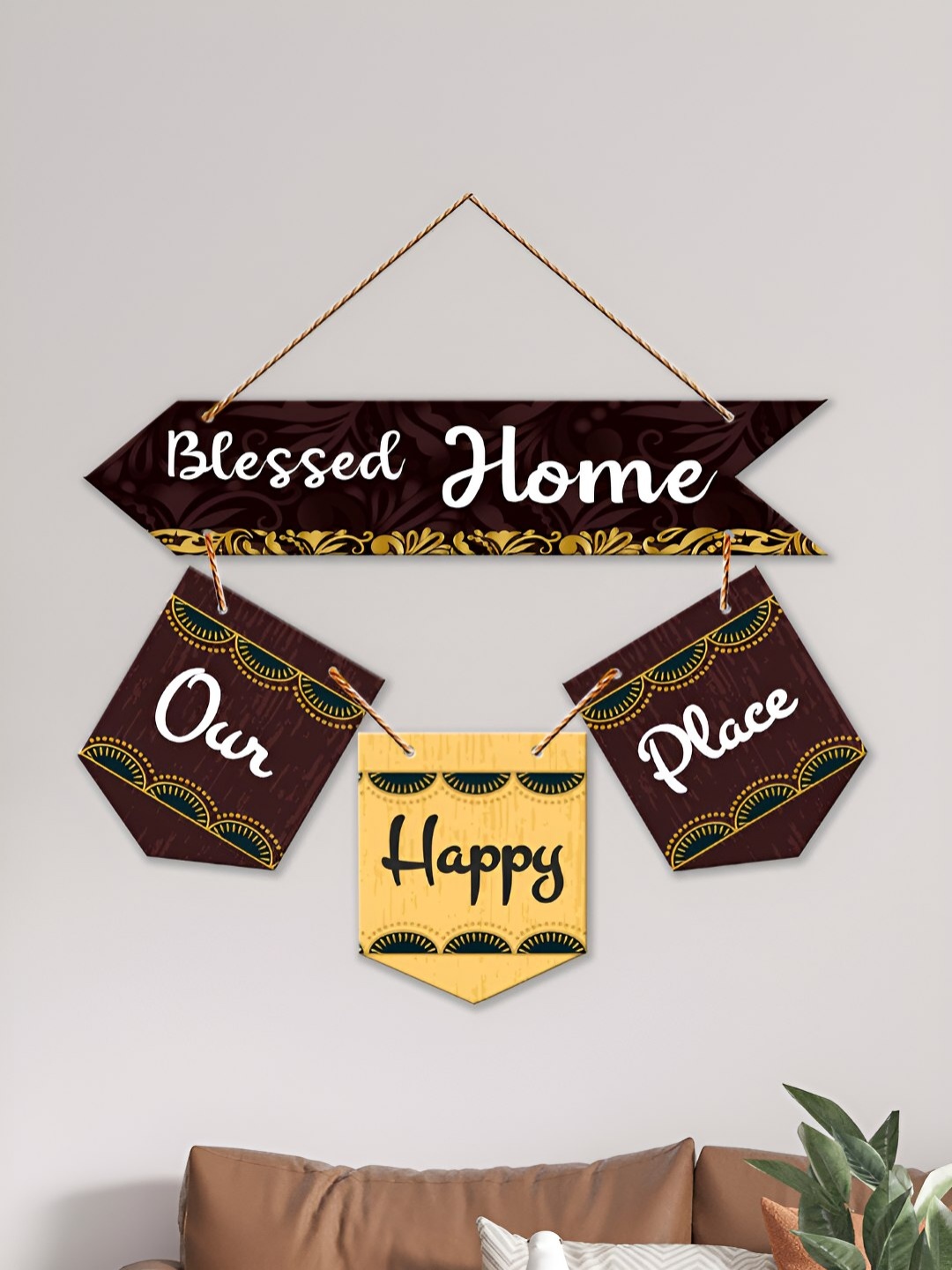 

ArtVibes Brown & Yellow Blessed Home Wooden Decorative Wall Hanging