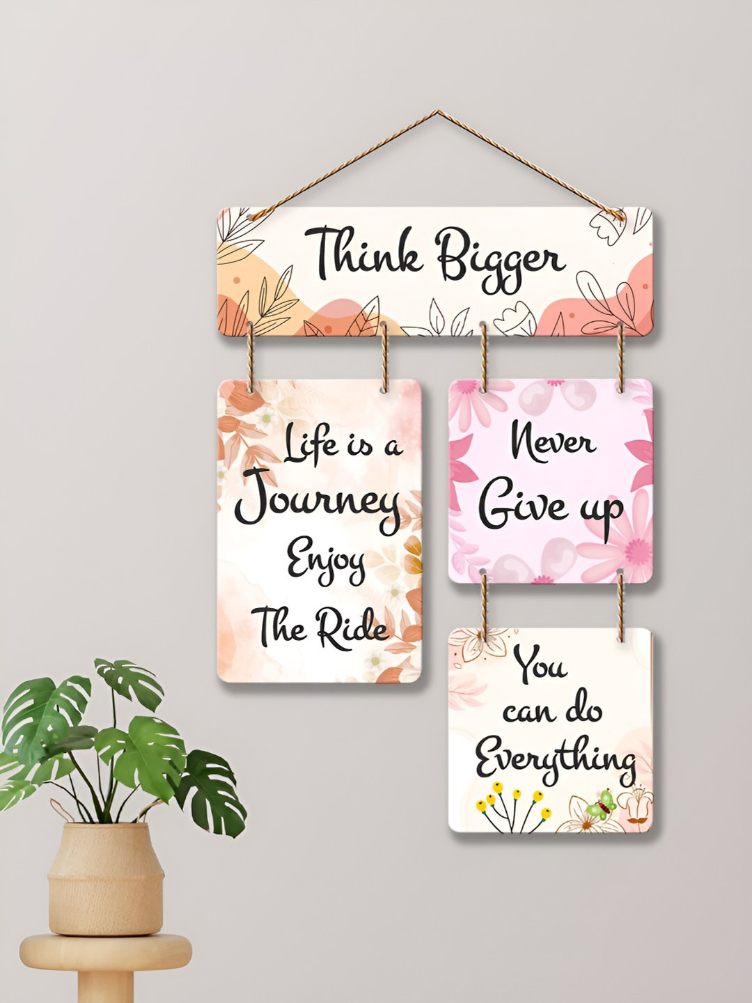 

ArtVibes Pink & Peach Think Bigger Printed Wooden Hanging Wall Decor