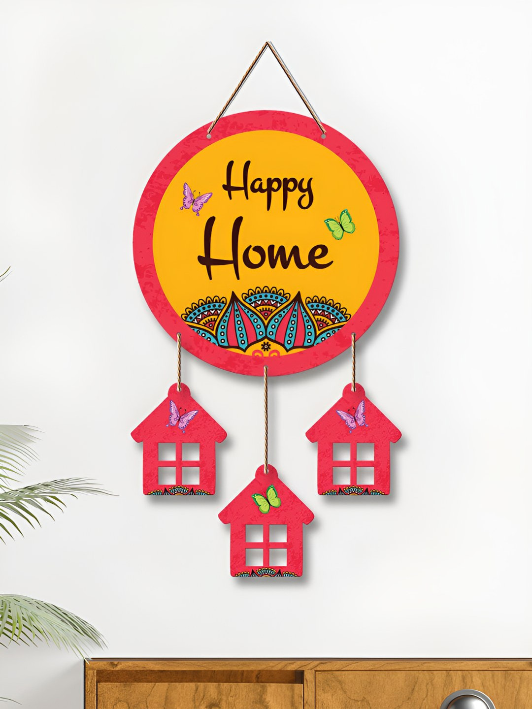 

ArtVibes Pink & Yellow Happy Home Painted Wooden Hanging Wall Decor