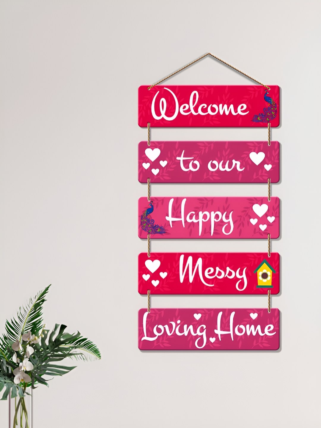 

ArtVibes Pink & Red Welcome Home Quotes Painted Wooden Hanging Wall Decor
