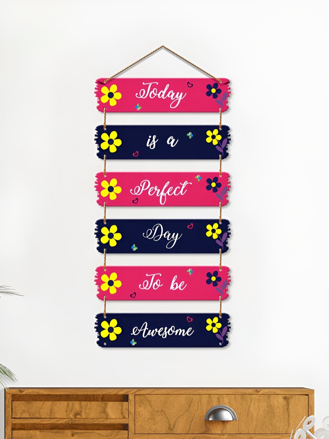 

ArtVibes Navy Blue & Pink Positive Quote Printed Wooden Hanging Wall Decor
