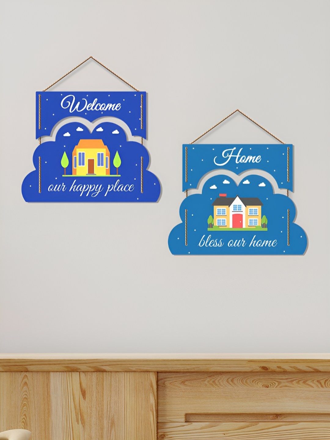

ArtVibes 2 Pieces Blue Welcome Home Quotes Painted Wooden Hanging Wall Decors