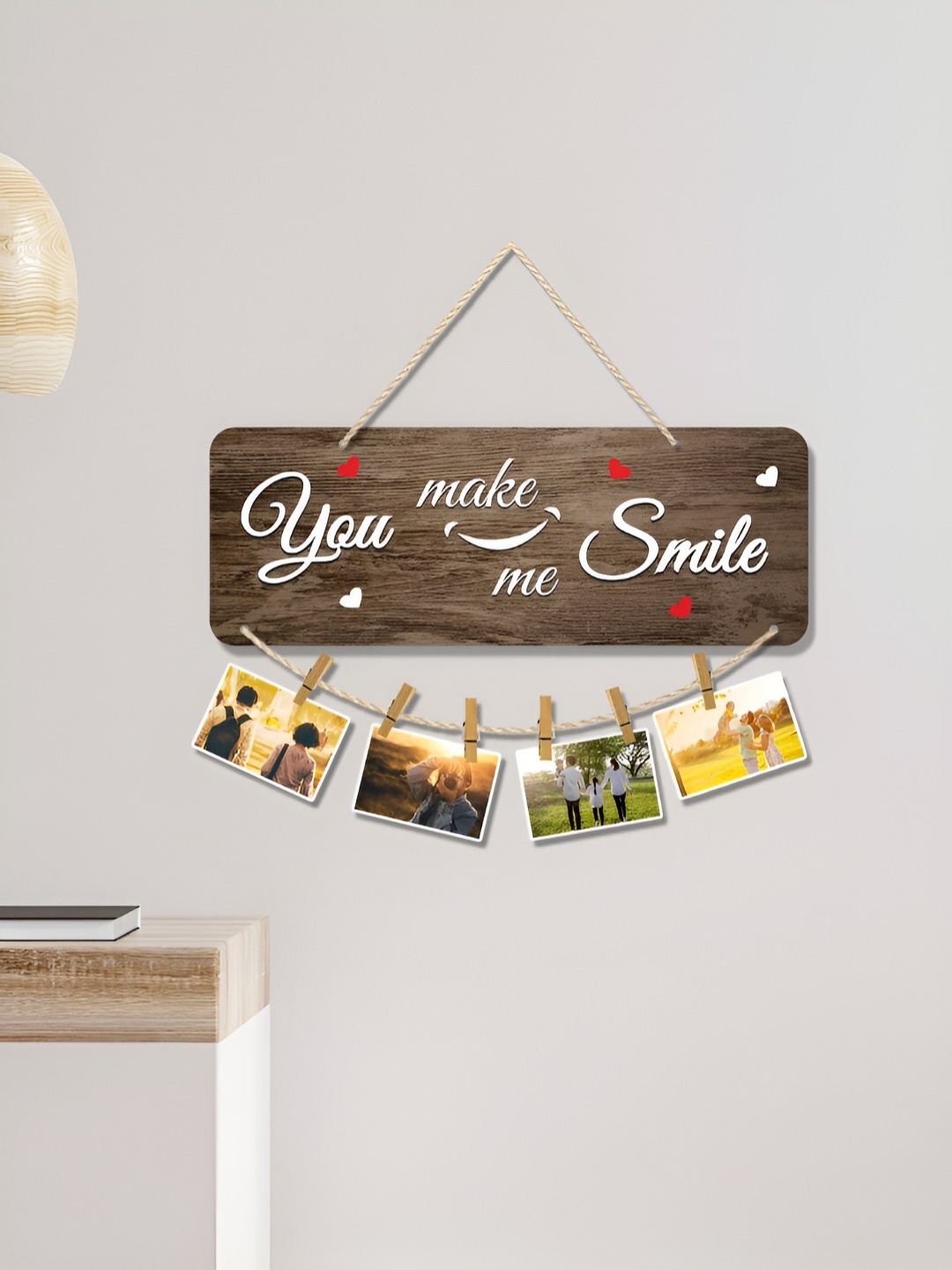 

ArtVibes Coffee Brown Smile Quotes Printed Wooden Hanging Wall Decor With 6 Clips