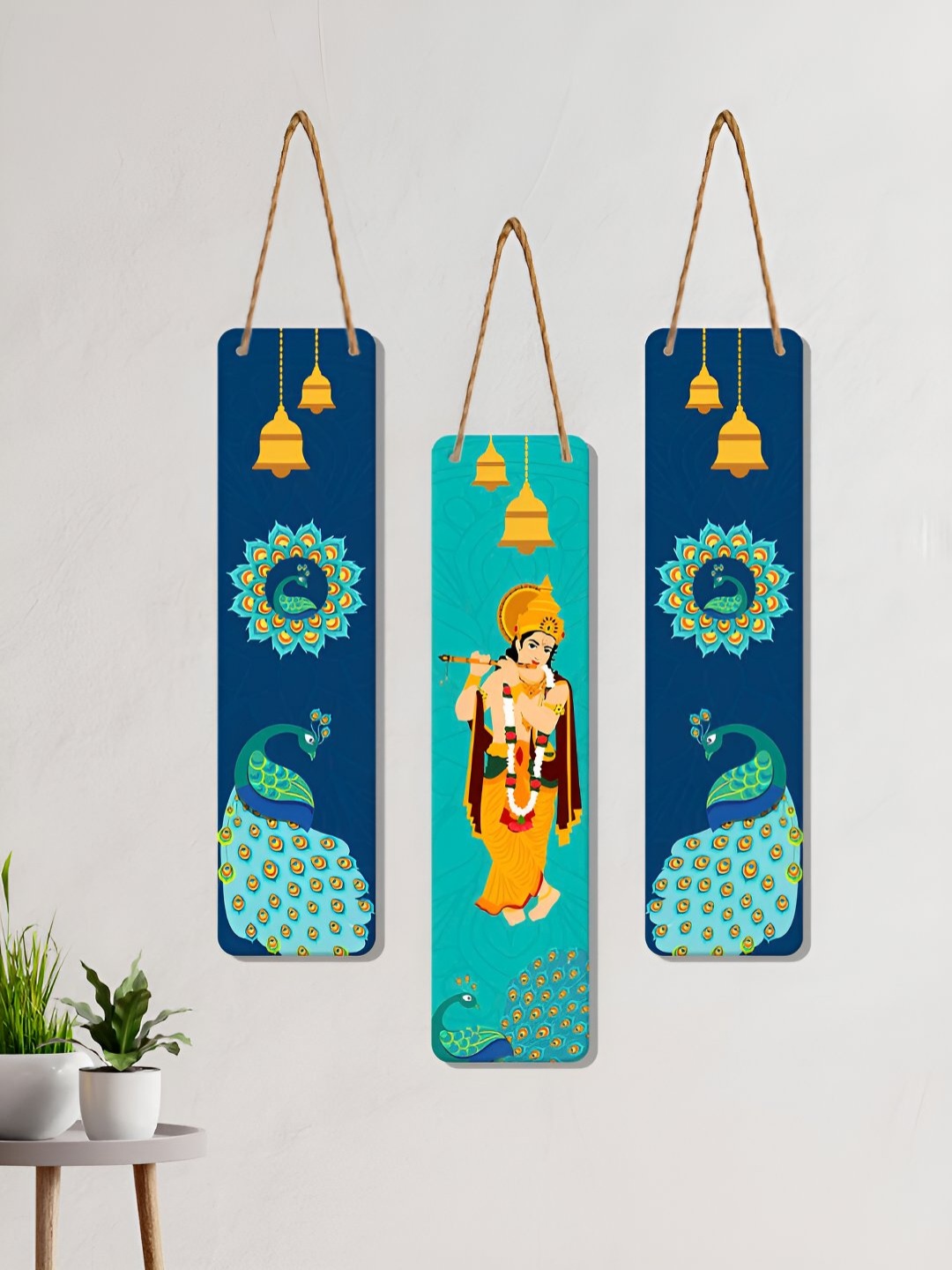 

ArtVibes 3 Pieces Teal Blue Lord Krishna Printed Wooden Wall Hanging