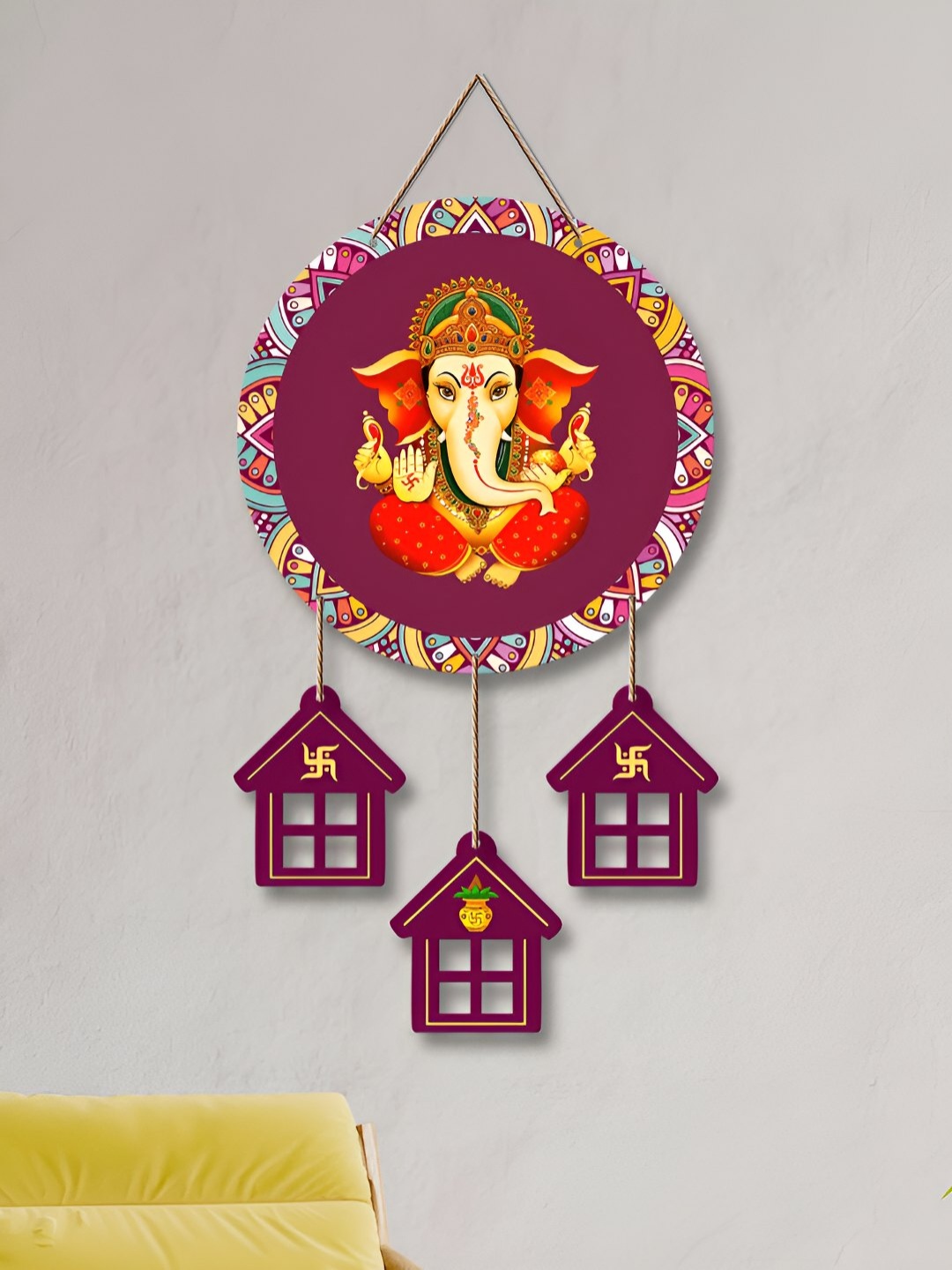 

ArtVibes Burgundy Lord Ganesha Printed Hanging Wooden Wall Decor