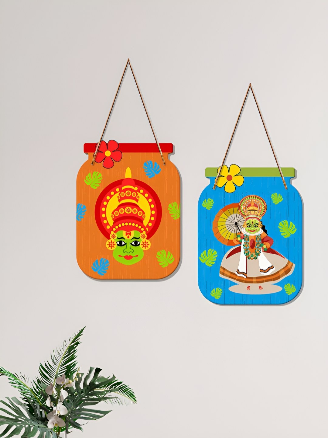 

ArtVibes Kathakali 2 Pcs Blue & Orange Printed Wooden Hanging Wall