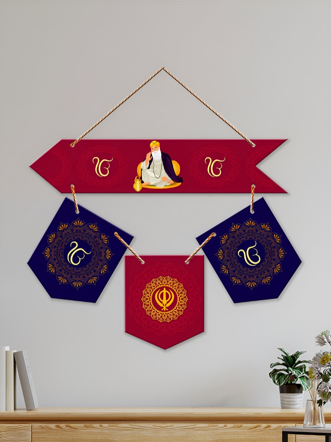 

ArtVibes Navy Blue & Red Guru Nanak Dev Printed Wooden Wall Hanging