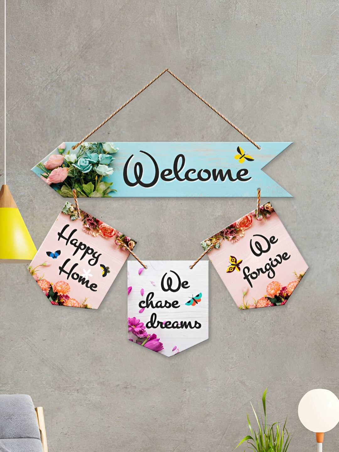 

ArtVibes Blue& Pink White Wooden Welcome Quote Printed Wall Hanging