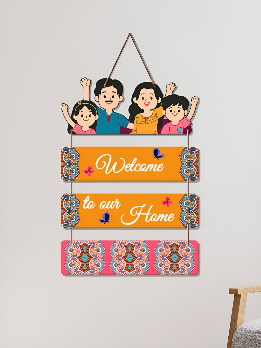 

ArtVibes Yellow & Pink Wooden Welcome Home Quote Printed Wall Hanging, Orange
