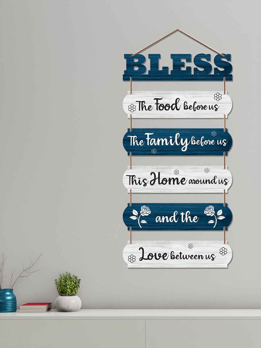 

ArtVibes Navy Blue & White Bless The Family Quote Printed Wooden Wall Hanging