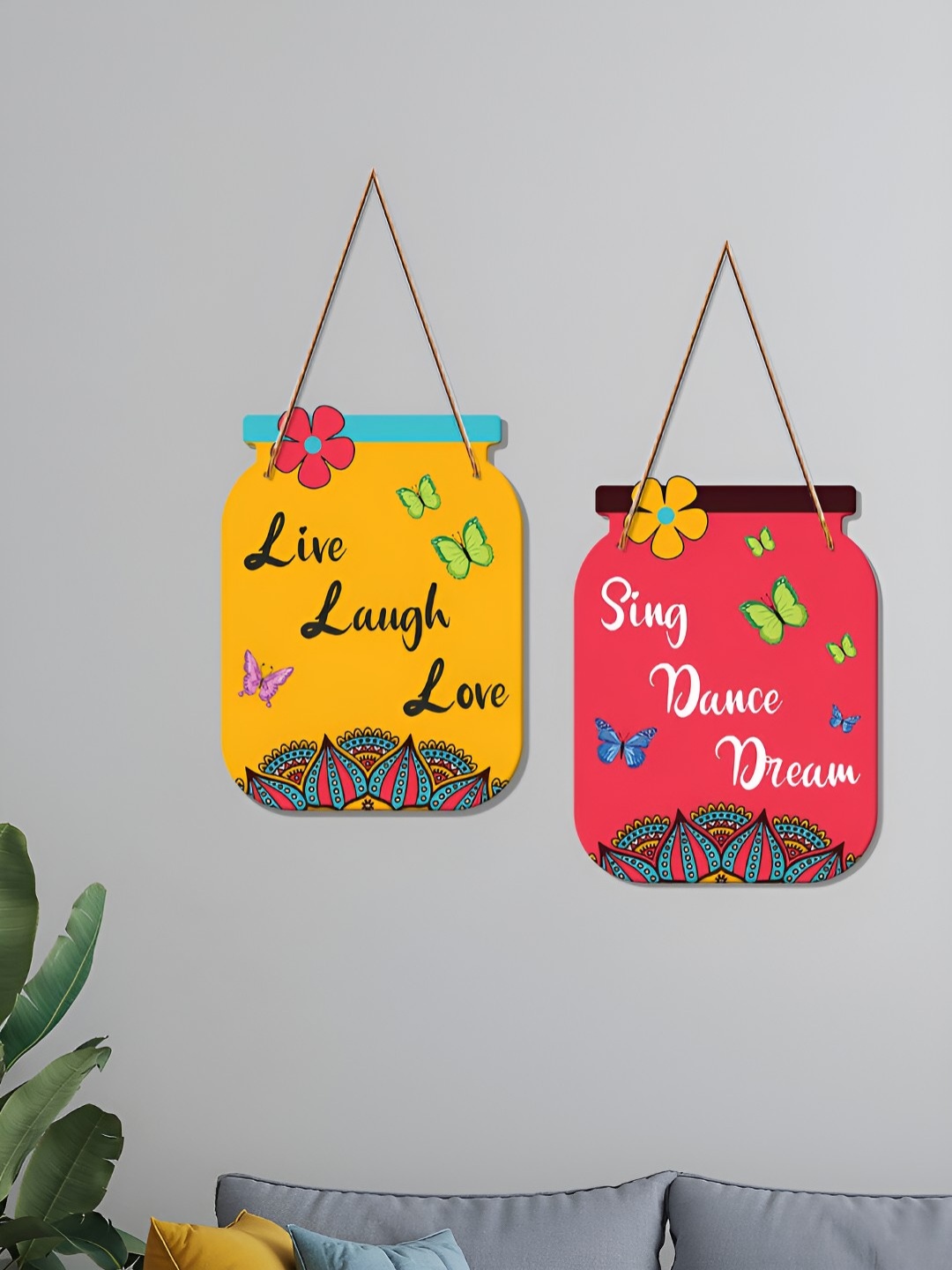 

ArtVibes Yellow Pink 2 Pieces Live Laugh Love Printed Decorative Wooden Hanging Wall Decor
