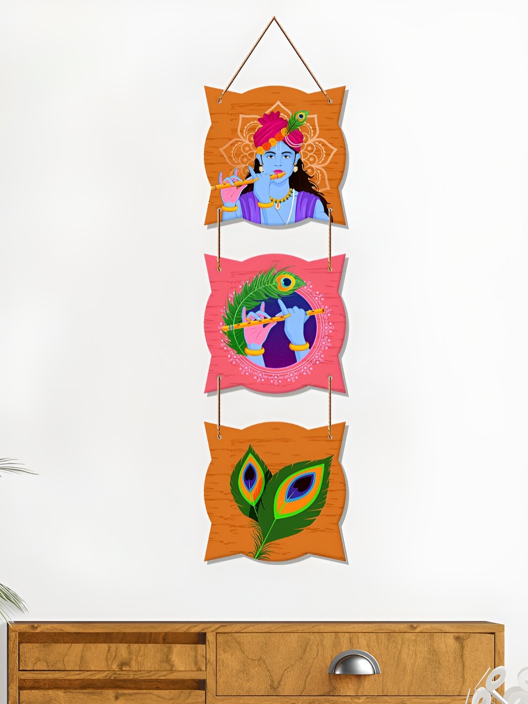 

ArtVibes Orange Pink Sri Krishna Printed Wooden Wall Hanging Wall Decor