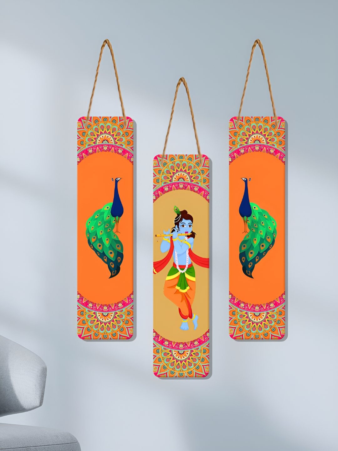 

ArtVibes Orange Green 3 Pieces Sri Krishna Printed Wooden Hanging Wall Decor