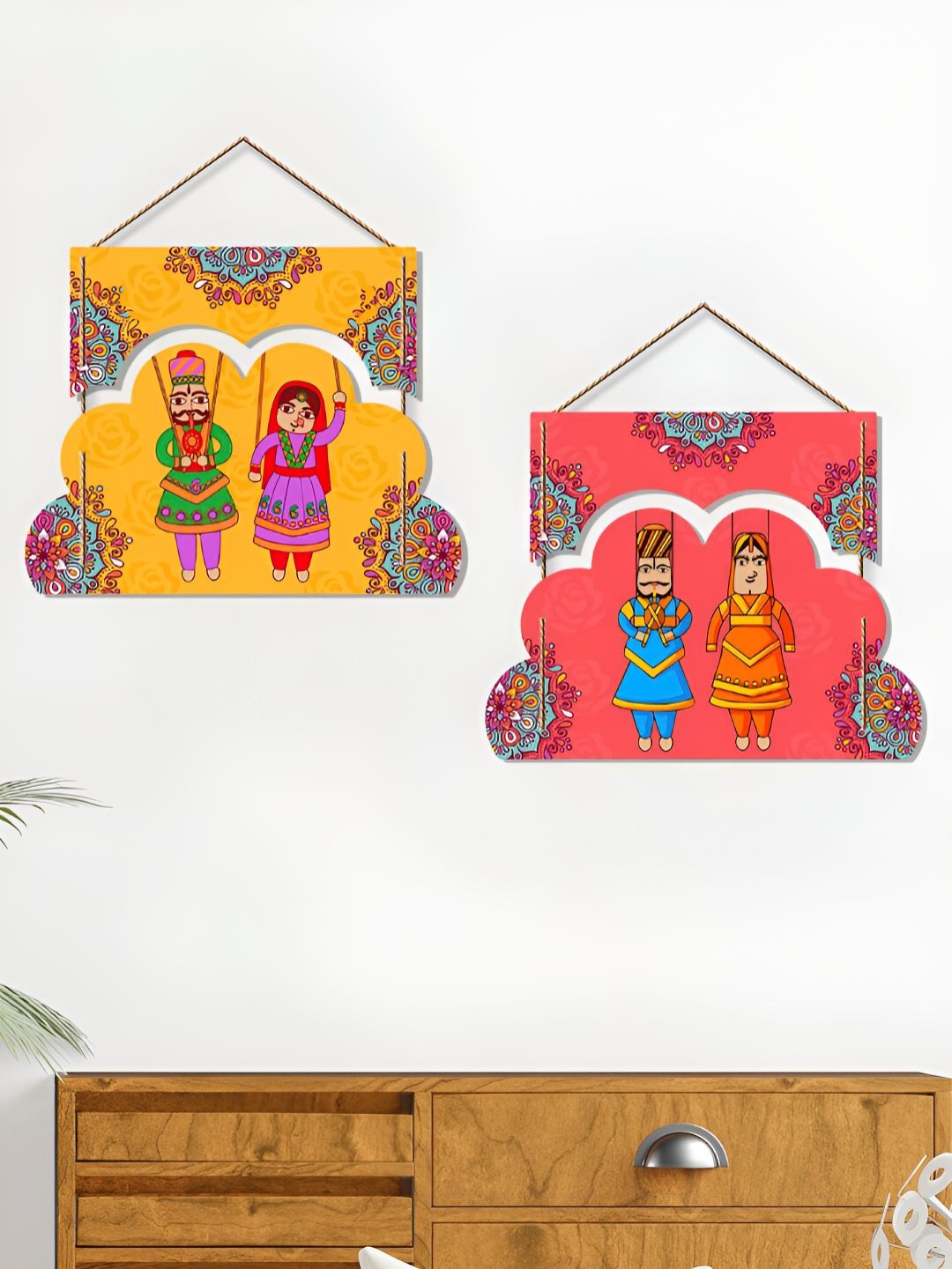 ArtVibes Yellow Pink 2 Pieces Dancing Puppet Wooden Hanging Wall Decor