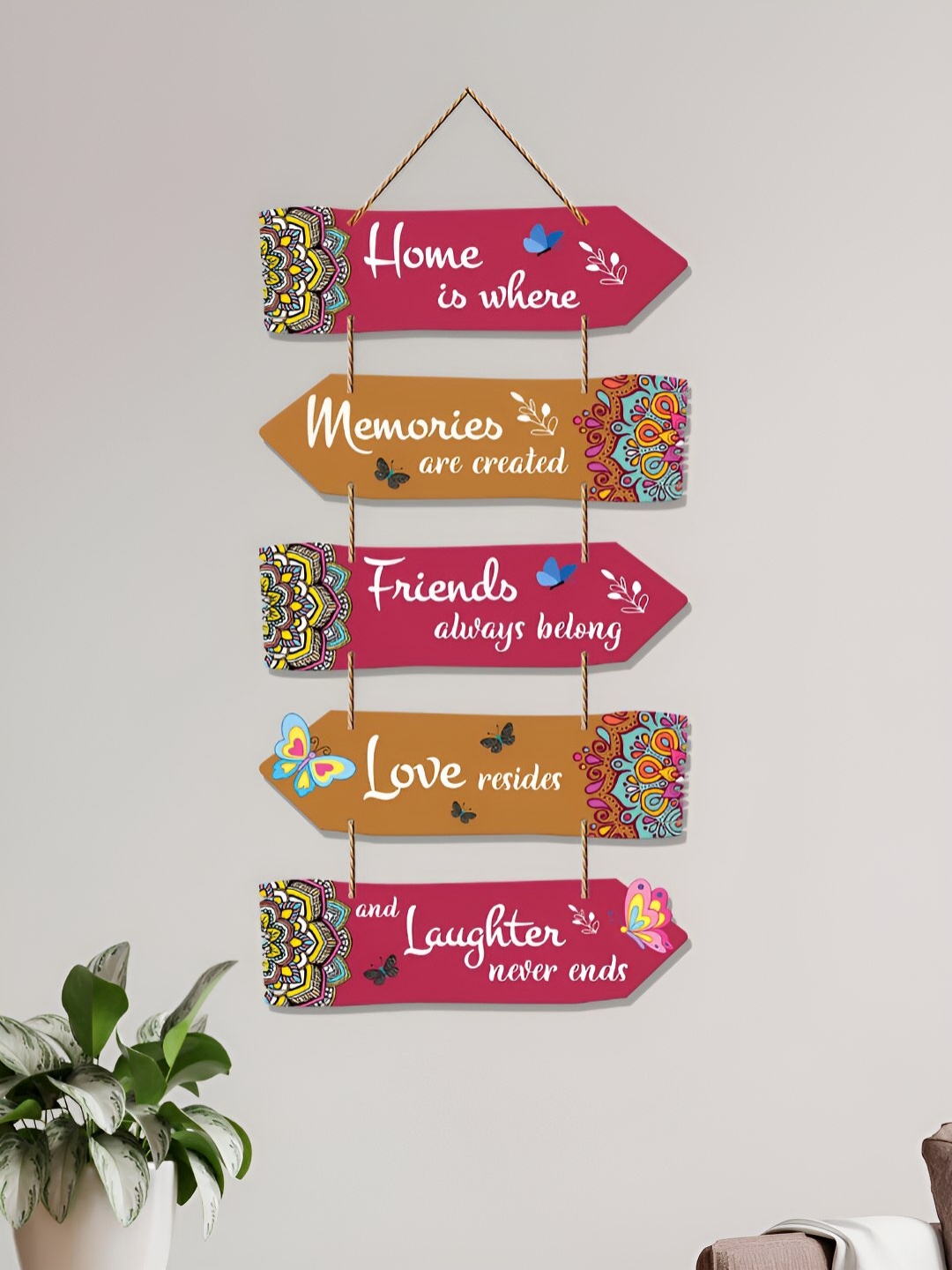ArtVibes Pink & Brown Home Quote Wooden Decorative Hanging Wall Decor