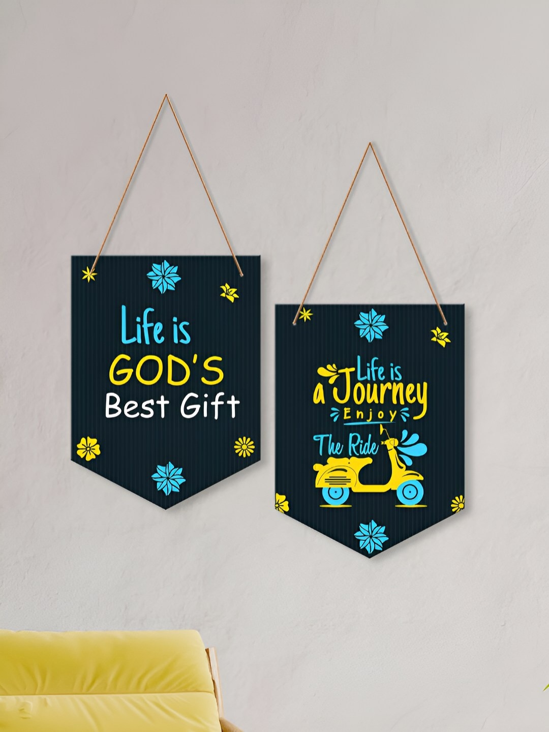 

ArtVibes 2-Pieces Black & Yellow Positive Life Quotes Designer Wooden Wall Hanging