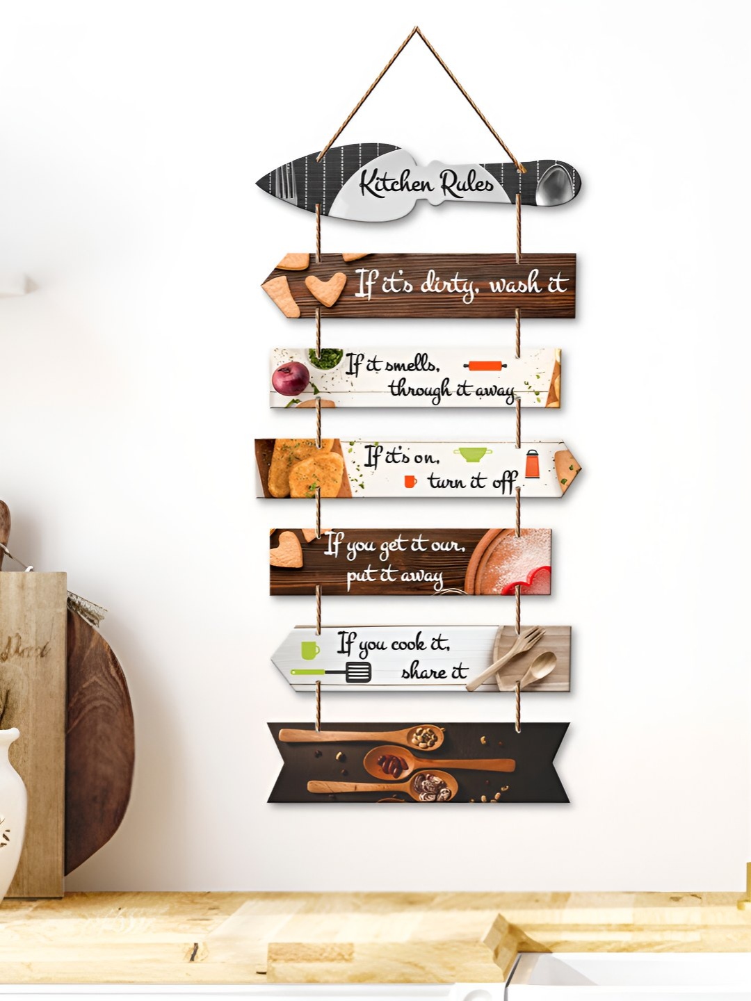 

ArtVibes Brown & White Kitchen Rules Quote Wooden Hanging Wall Decorative